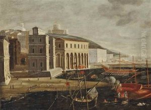 A Mediterranean Harbour Scene With Fishermen Pulling In Their Nets