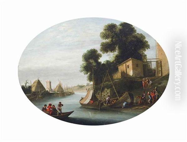 A River Landscape With A Ferry Crossing And Boat Builders At Work On The Bank - view 1