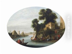 A River Landscape With A Ferry Crossing And Boat Builders At Work On The Bank A River Landscape With A Ferry Crossing And Boat Builders At Work On The Bank