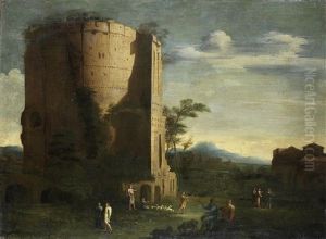 A Classical Capriccio With A Shepherd Tending His Flock And Other Figures Before The Mausoleum Of Cecilia Metella