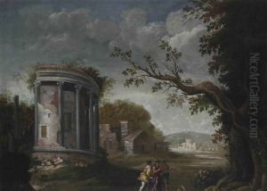An Italianate Landscape With Figures Conversing By Classical Ruins by Agostino Tassi