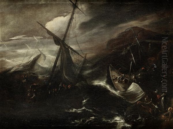 A Stormy Coastline With Ships Foundering On Rocks; And A Stormy Coastline With A Shipwreck In The Foreground (pair) - view 1