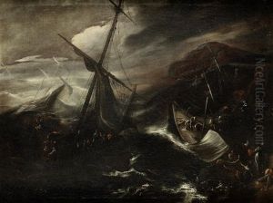 A Stormy Coastline With Ships Foundering On Rocks; And A Stormy Coastline With A Shipwreck In The Foreground (pair) by Agostino Tassi