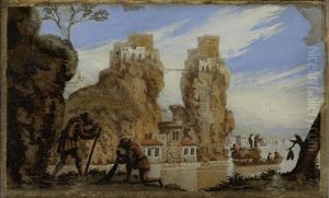 Peasants On A Shore Before A Marine Landscape, With A Barge Approaching A Coastal Village In The Distance; And Peasants Cutting And Collecting Wood Before A Ruined Village, With Figures In The Distance (pair) by Agostino Tassi