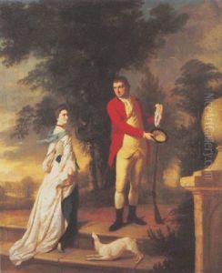 Portrait Of A Lady And A Gentleman In A White Dress With A Blue Scarf And Skirt, And In Scarlet Hunt Coat, Respectively, A Landscape Beyond Portrait Of A Lady And A Gentleman In A White Dress With A Blue Scarf And Skirt, And In Scarlet Hunt Coat, Respectively, A Landscape Beyond