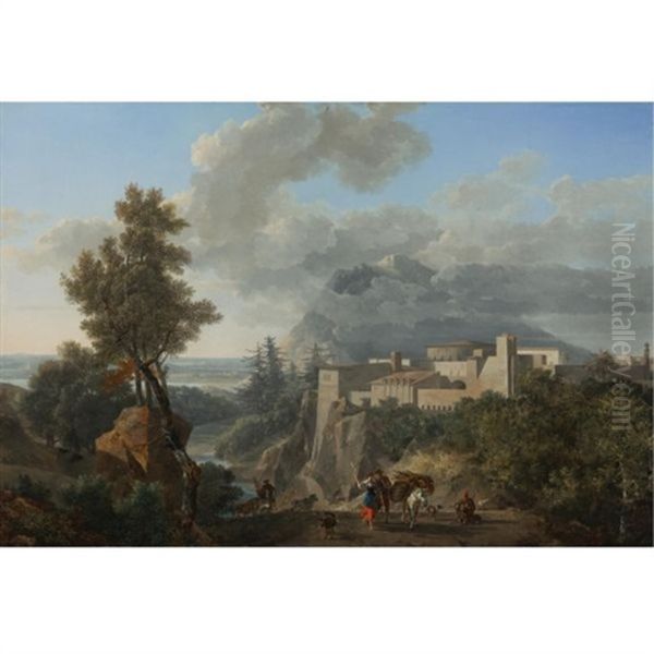 A View Near Messina, With Peasants And Animals Along A Path And A View Of A Fortified Town Beyond - view 1