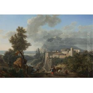 A View Near Messina, With Peasants And Animals Along A Path And A View Of A Fortified Town Beyond by Nicolas Antoine Taunay