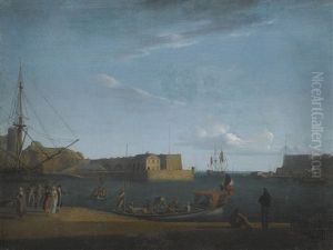 View Of A Mediterranean Harbour With Figures On The Quay And In A Canopied Boat