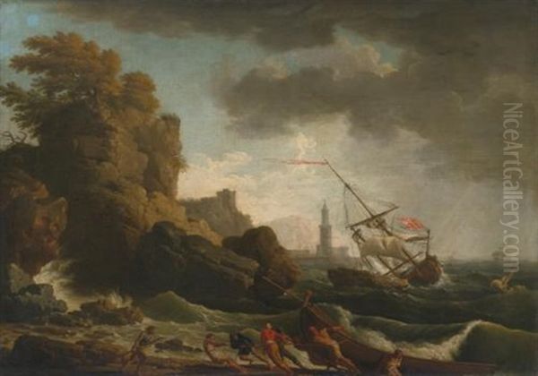 Seascape In A Storm With A Shipwreck Along A Rocky Coast - view 1