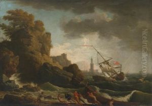 Seascape In A Storm With A Shipwreck Along A Rocky Coast