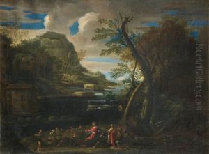 A Mountainous Wooded Landscape With Christ Preaching In A Carved Frame
