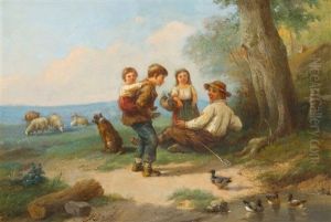Hirte Mit Kindern Am Teichufer by Robert Tavelle