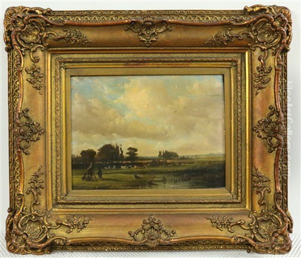 Panoramisch Landschap, Op De Voorgrond Figuren Met Een Hond - view 1