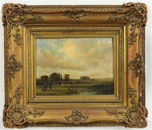 Panoramisch Landschap, Op De Voorgrond Figuren Met Een Hond by Johannes Tavenraat