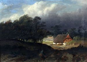 Wandelaarster Op Weg Naar Een Boerenhoeve Onder Een Opkomend Onweer