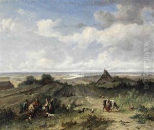 A Panoramic River Landscape With Figures Conversing In The Foreground by Johannes Tavenraat