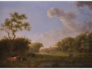 Landschaft Mit Jagdreitern Und Einem Jungen Kuhhirten by Johannes Tavenraat