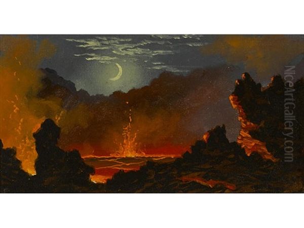 Volcanic Crater Beneath A Crescent Moon - view 1