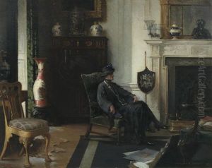 An Elegant Lady Seated By The Fireplace by Albert Chevallier Tayler