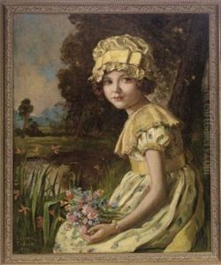 Portrait Of Eila Jeanette Rimmington In A Yellow Dress And Bonnet, Flowers In Her Lap Beside A River
