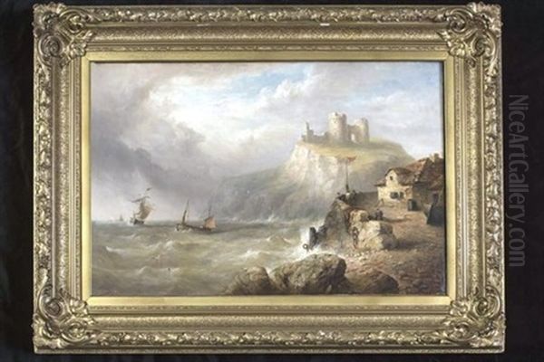 Coastal Scene With Castle Ruins, Slipway And Figures In The Foreground, - view 1