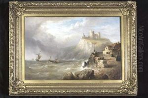 Coastal Scene With Castle Ruins, Slipway And Figures In The Foreground, by Henry King Taylor