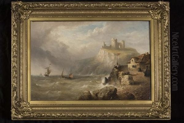 Coastal Scene With Castle Ruins, Slipway And Figures In The Foreground - view 1