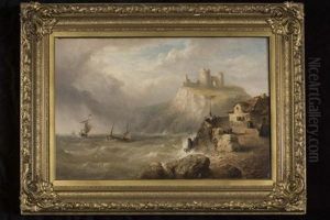 Coastal Scene With Castle Ruins, Slipway And Figures In The Foreground by Henry King Taylor