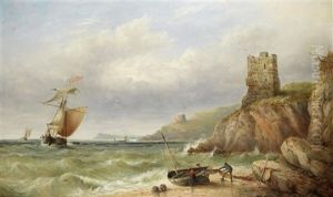 Fowey - Fishermen Unloading Nets Off The Lookout Station, With A Brigantine And Other Shipping Beyond by Henry King Taylor