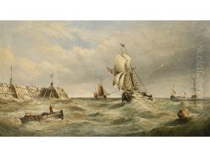 Shipping In Choppy Seas Beside A Harbor Wall by Henry King Taylor