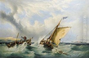 Pilot Cutter No. 3 With A Rowing Boat Coming Alongside And A Paddlesteamer In The Distance by Henry King Taylor