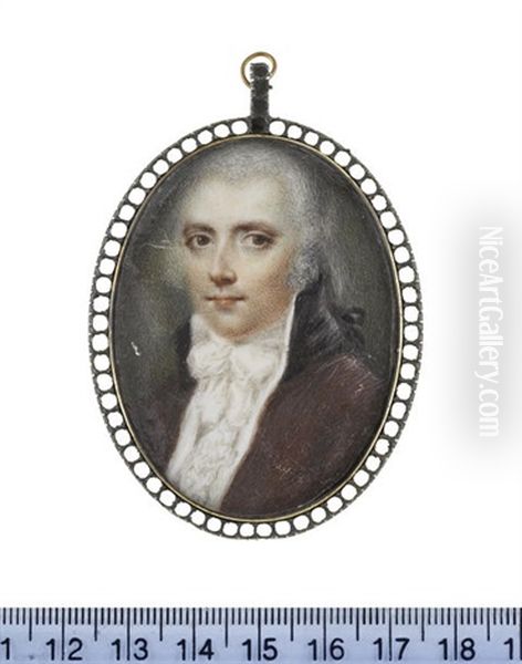 A Gentleman, Wearing Brown Coat With Black Standing Collar, White Waistcoat, Frilled Chemise, Stock And Cravat, His Powdered Wig Tied With A Black Ribbon Bow - view 1