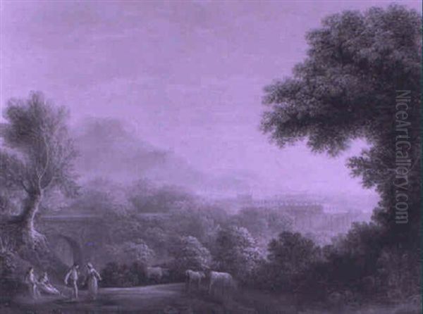 Italianate Coastal Landscape With Figures By A Bridge - view 1