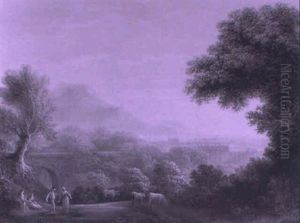 Italianate Coastal Landscape With Figures By A Bridge by John (of Bath) Taylor