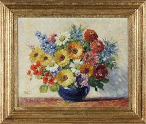 Delphiniums...& Zinnias In A Blue Jar by Walter Taylor