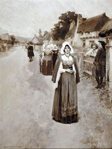 Woman Walking In Colonial Town (illus. For Evangeline For Issue Of Ladies Home Journal) by William Ladd Taylor