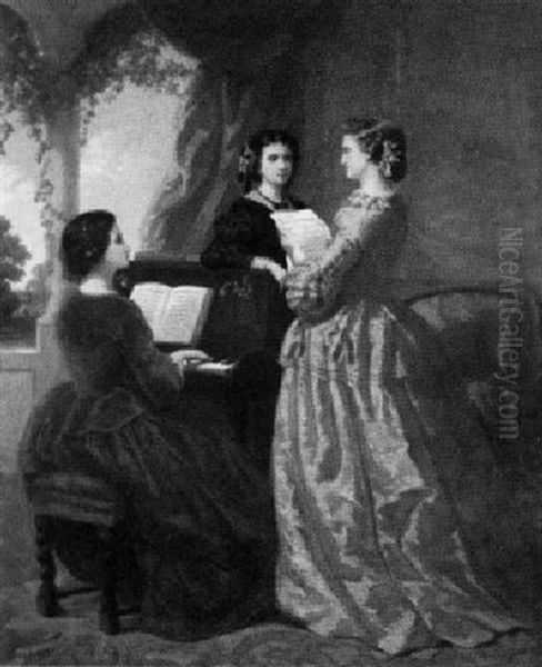 Drei Junge Dame Singen Und Musizieren In Einem Vornehmen Salon, Der Zur Terasse Hin Geoffnet Ist - view 1