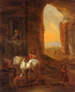 Rastender Reiter Am Brunnen Vor Einem Bauernhaus by Abraham (Alexandre) Teerlink