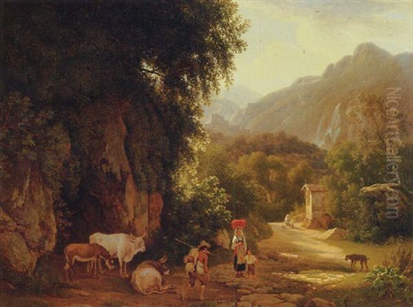 An Italianate Landscape With Travellers And Peasants On A Mountain Track, Others Praying In Front Of A Chapel Beyond - view 1