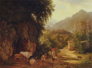 An Italianate Landscape With Travellers And Peasants On A Mountain Track, Others Praying In Front Of A Chapel Beyond