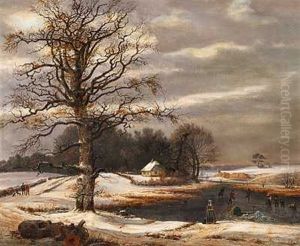 Kvinder Og Legende Born Ved En Tilfrossen So I Et Vinterlandskab by Christian Martin Tegner
