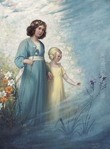 Zwei Reizende Kleine Madchen Auf Bluhender Wiese. Im Vordergrund Steigender Nebel by Georg Teibler