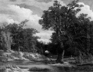 Eichenwaldlichtung Mit Kleiner Kapelle Und Angler An Einem Altwasser Eichenwaldlichtung Mit Kleiner Kapelle Und Angler An Einem Altwasser