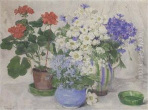 Primulas, Anemones, Cornflowers, In Vases And Pelagoniums In A Pot On A Draped Table by Valeria Telkessy