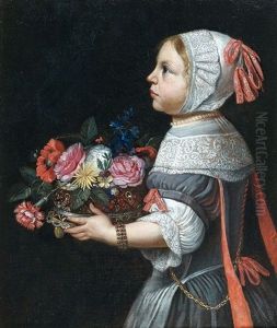 Jeune Fille Portant Une Corbeille De Fleurs by Abraham Lambertsz Jacobsz van den Tempel