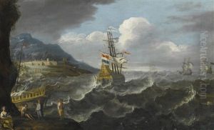 Ships In A Storm, With Shipwrecked Figures In The Foreground, A View Of A Town Beyond by Antonio Tempesta