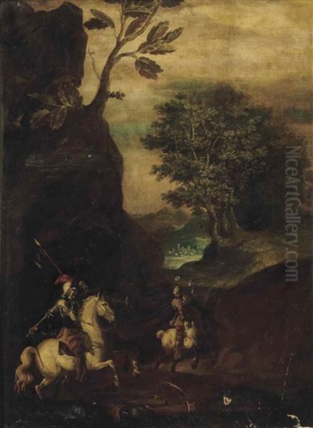A Wooded Landscape With Soldiers On A Path, A City And Mountains Beyond - view 1