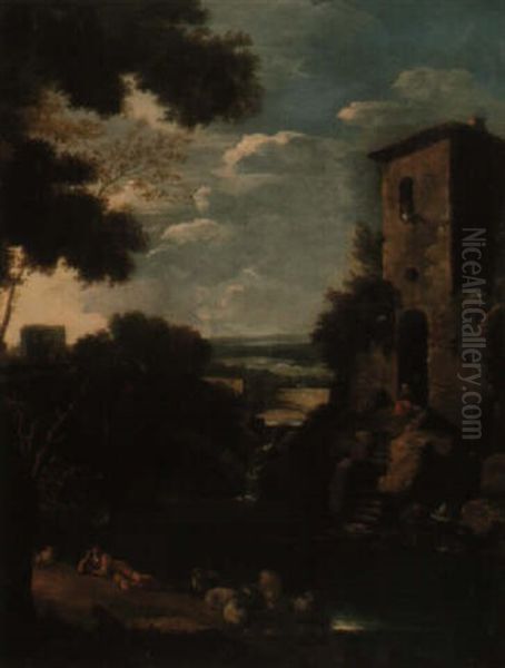 Italianate River Landscape With A Shepherd Resting - view 1