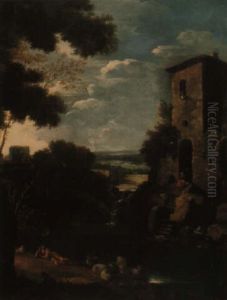 Italianate River Landscape With A Shepherd Resting by Domenico (Marchi) Tempesti