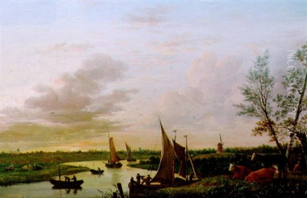 Cattle In A Watermeadow At Sunset With Figures In Boats On A River - view 1